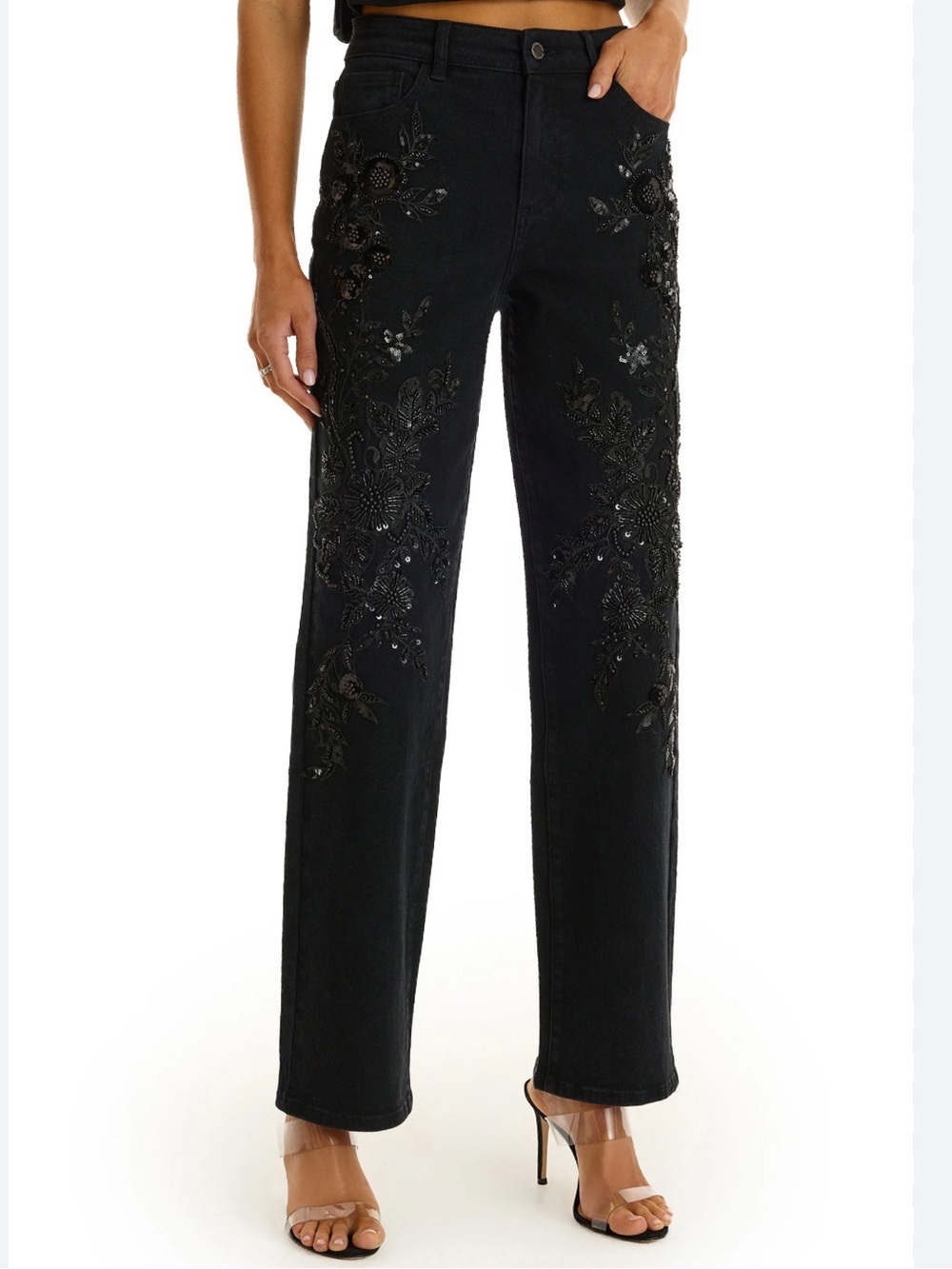 The Ni Jeans Embroidered High-Rise Straight Leg Jeans - Black